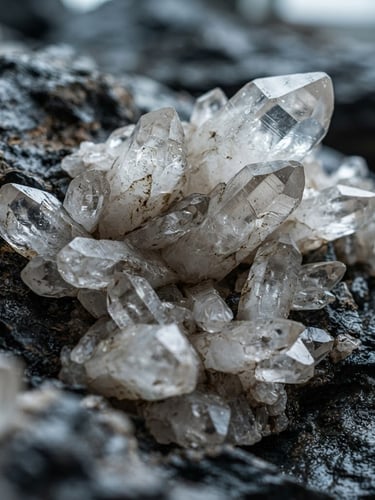 Crisp industrial photography of raw quartz crystals, high-contrast cool daylight, sharp mineral textures with deep slate tones, macro lens, shallow depth of field.
