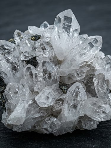 Crisp macro photography of raw quartz crystal clusters under cool high-contrast laboratory light, showcasing sharp mineral facets and translucent textures.