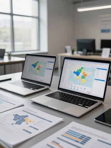 Wide shot of a modern retail intelligence workspace, two open laptops displaying data dashboards and regional maps side by side on a slate-grey desk, diffused daylight from a large window to the left, analytical documents and printed charts visible in the foreground, no people, clean and controlled atmosphere