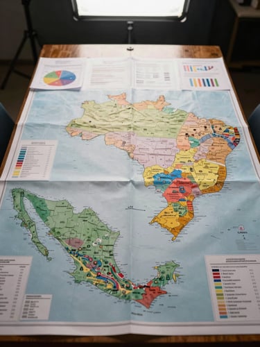 Wide overhead view of a comparative map spread across a large table, two market zones annotated with data overlays for Brazil and Mexico, diffused studio light from above, analytical documents and printed charts visible at the edges, no people, documentary framing