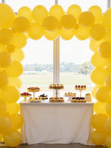 Bright high-key photography of a beautifully decorated event venue, a massive coral and sunny yellow balloon arch framing a dessert table, warm natural light, joyful celebratory energy, sharp focus, 35mm lens