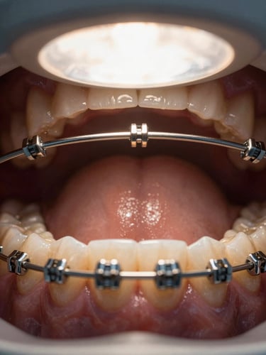 Close-up intraoral photograph of dental brackets on upper and lower teeth under warm tungsten operating room lighting, metal archwire in sharp focus, clinical setting visible in background, extreme close-up framing