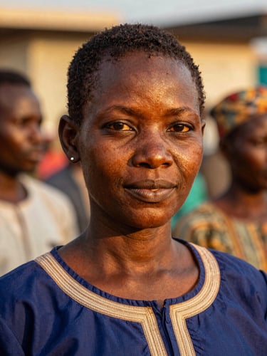 Dignified close-up portrait of an active community member in Lagos under warm golden-hour daylight, shallow depth of field