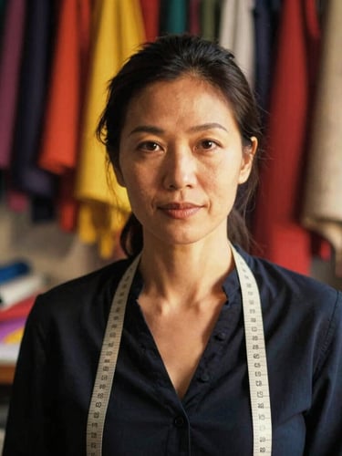 A dignified close-up portrait of a female tailor in her workshop, natural golden-hour light illuminating colorful fabrics in the background, 35mm