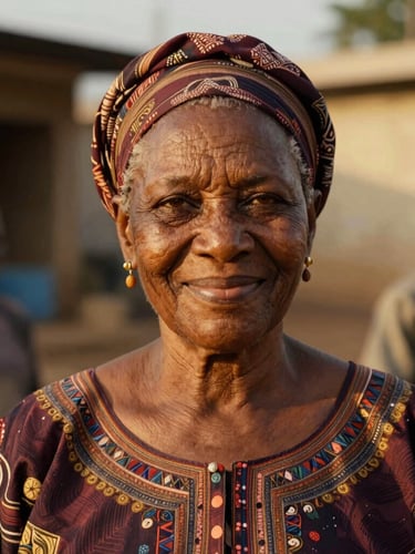 Dignified medium close-up of a smiling senior woman in Lagos, warm natural golden-hour daylight, rich deep tones, shallow depth of field, 35mm