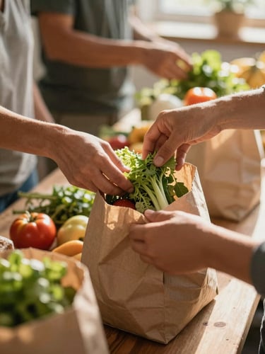 Hands carefully organizing fresh local produce into community food packages, warm natural light, authentic human moment, shallow depth of field, 35mm