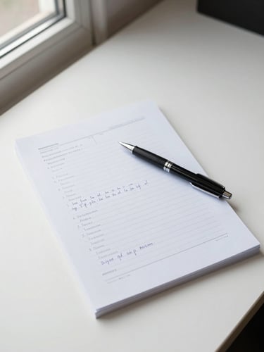 Close overhead shot of a script page and handwritten production notes on a clean white desk, a pen resting on the page, crisp even window light from the left, no clutter — clarity and process visible in the frame
