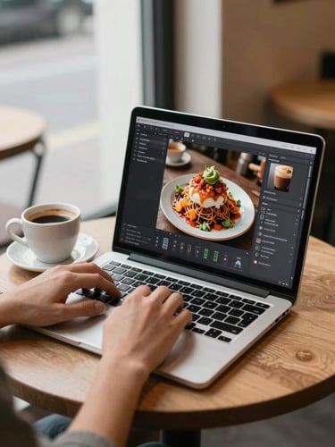 Hands editing food photographs on a laptop screen at a small café table, natural window light, a ceramic espresso cup to the side, no performance, mid-work candid