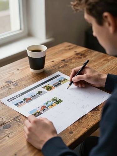 Agency team member reviewing printed seasonal content calendar spread on a worn oak table, a half-drunk coffee beside it, window light from the left, unposed and mid-thought