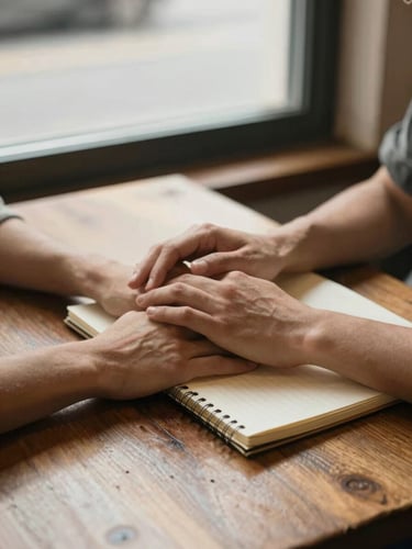 Close-up portrait framing of two hands resting on a worn wooden café table, a small notebook open beside them, north-facing window daylight casting soft shadows from the left, warm parchment tones, no faces visible