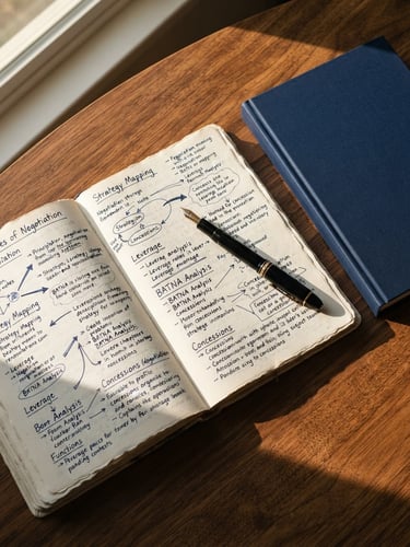 An overhead flat-lay of a fountain pen, an open heavy-paper journal with handwritten negotiation frameworks, and a deep navy book mockup, warm side window light, high contrast