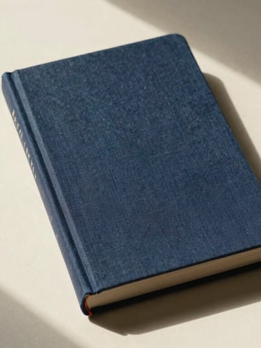 Overhead flat-lay of a heavy cloth-bound textbook on a textured cream desk, sharp window light casting deep shadows, warm editorial tone, 35mm.
