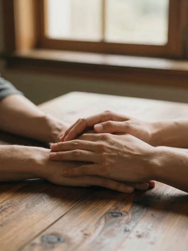 Close-up of hands of two people resting on a rustic wooden table in a warm, sunlit room, conveying support and quiet understanding, shallow depth of field, 35mm film style.