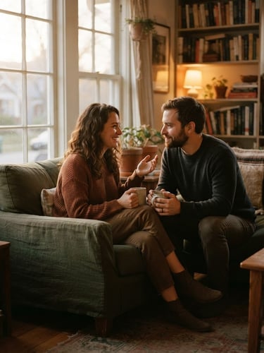 Warm environmental portrait of a couple in soft, quiet dialogue, sitting near a window with diffused golden-hour light, gentle expressions, 35mm film style.
