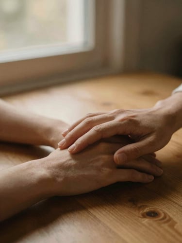 Intimate close-up of two hands resting gently near each other on a warm wooden surface, soft natural window light, peaceful and healing atmosphere.