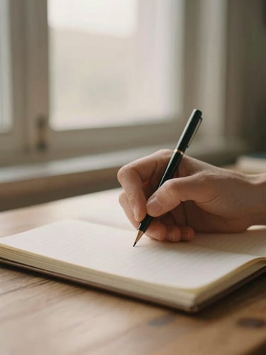 Close-up of a person writing in a notebook, calm expression, elegant workspace with warm wooden textures, soft morning window light, muted earth tones, 35mm film style