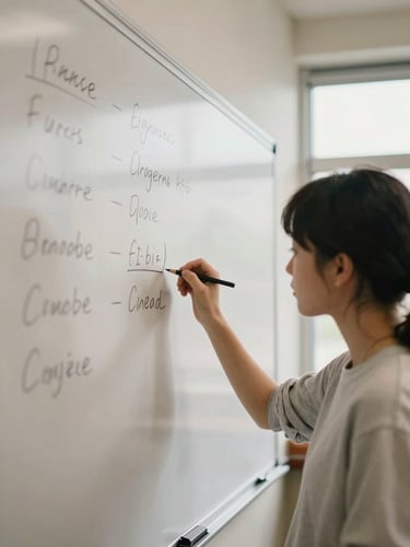 A focused student writing equations on a physical whiteboard, soft natural window light, warm muted academic tones, shallow depth of field, 35mm photography