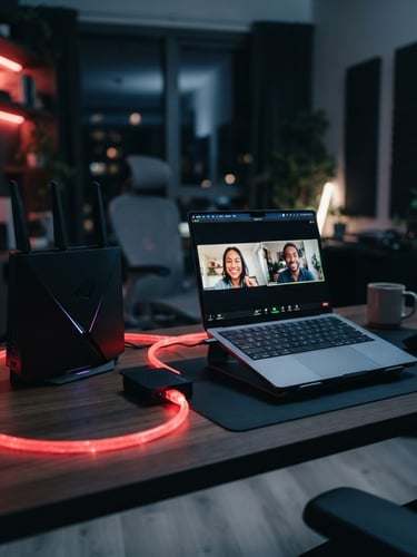Modern home office setup with a sleek router, glowing red fiber optic cable, and a laptop displaying a video call, cool ambient light with warm red neon accents, shallow depth of field, 35mm