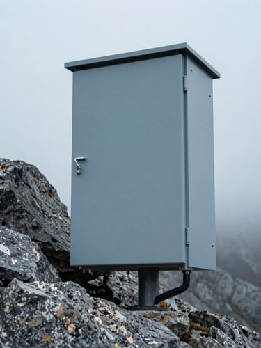 Cool industrial tech photography, overcast mountain daylight. Close-up of a rugged outdoor telecommunications enclosure mounted on a granite rock surface, slate blue and charcoal tones, sharp focus.