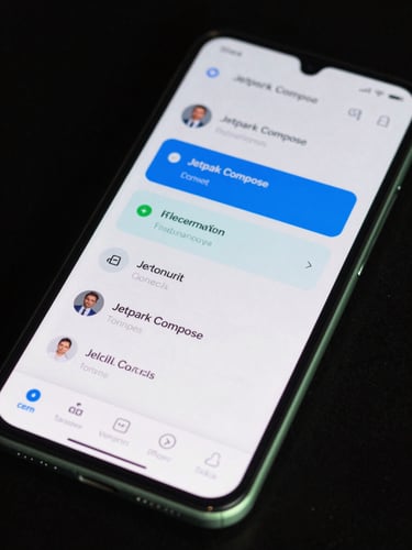 Macro shot of a flagship Android device screen displaying a fluid Jetpack Compose UI transition, low-key studio lighting with a sharp neon-mint edge glow.