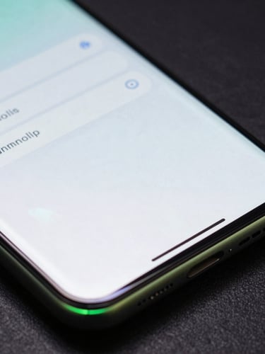 Extreme close-up of a flagship Android device screen at an angle, displaying fluid UI transitions with high frame-rate rendering, subtle green neon edge-glow reflecting on the glass, dark studio setting.