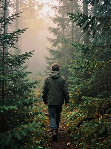 Intimate portrait of a writer walking through misty evergreen woods, soft focus, morning fog, deep green and gold tones, 35mm film style.