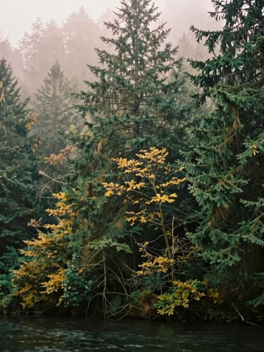 Moody film photography of a misty river town in the Pacific Northwest, dense evergreen hemlocks shrouded in heavy morning fog, soft focus, deep green and gold tones.