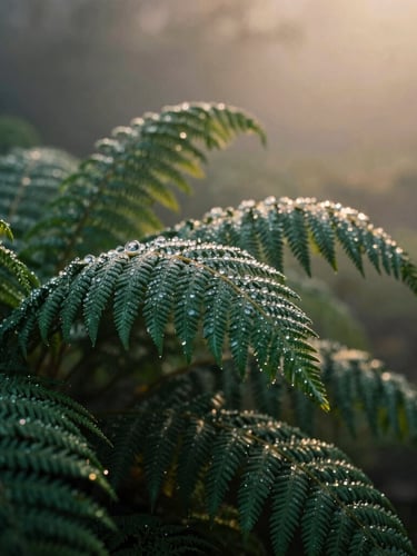 Macro shot of dew-covered ferns under a deep green canopy, soft golden morning light filtering through fog, moody film photography.