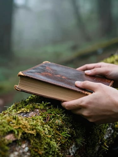Close-up of hands holding an old leather-bound book on a moss-covered log in a misty forest, soft daylight, moody film photography
