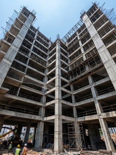Low-angle architectural shot of a modern concrete and steel building frame under bright Visakhapatnam midday sun, sharp structural geometry, high detail realism.