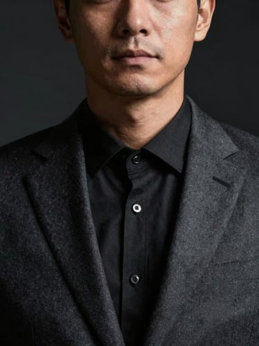 Close-up portrait of a male professional brand consultant in a tailored charcoal suit, low-key studio lighting with deep shadows, dark minimalist background.