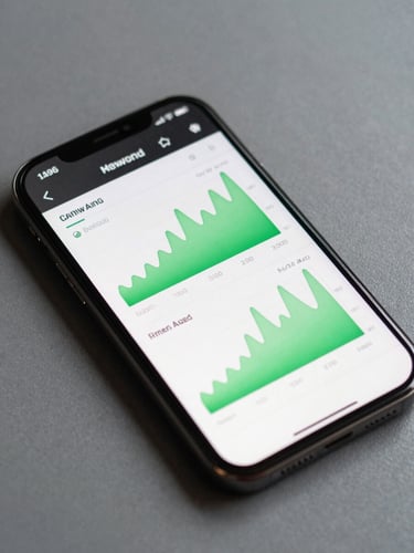 Close-up overhead shot of an Android device on a matte grey surface, screen displaying a performance metrics dashboard with green throughput graphs and latency readouts, even studio lighting, no hands, no people