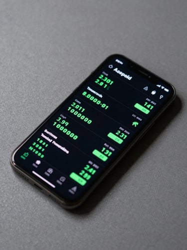 Close-up overhead shot of an Android smartphone face-up on a matte grey surface, screen displaying a performance metrics dashboard with green numerical readouts, even overhead lab lighting, no hands, no people