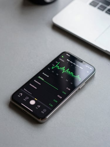 Close-up overhead shot of a modern Android smartphone on a matte grey surface, screen displaying a performance metrics dashboard with green data lines, bright even technical workspace lighting, no hands, no lifestyle staging
