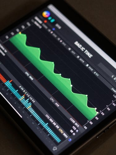 Close-up of an Android device screen displaying a live performance audit interface: frame-rate timeline in accent green, memory usage bars, CPU load percentages, all on a dark system UI, overhead even lab lighting, no hands