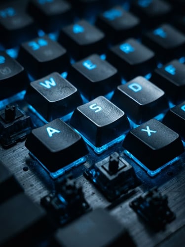 Extreme close-up macro shot of a premium mechanical keyboard with custom keycaps, low-key dark studio lighting with sharp electric blue backlighting, sleek and futuristic