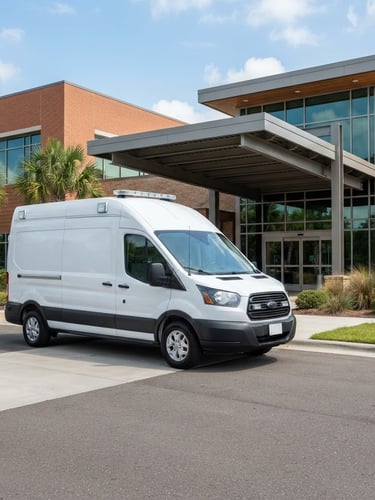 A clean white modern medical transport fleet vehicle parked in front of a modern brick healthcare facility in Louisiana, bright daylight, architectural framing