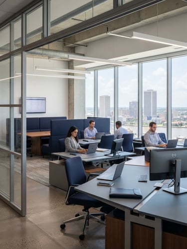 A clean corporate office environment in New Orleans, professional slate and navy tones, bright natural daylight, sharp focus, architectural framing of a structured workspace.