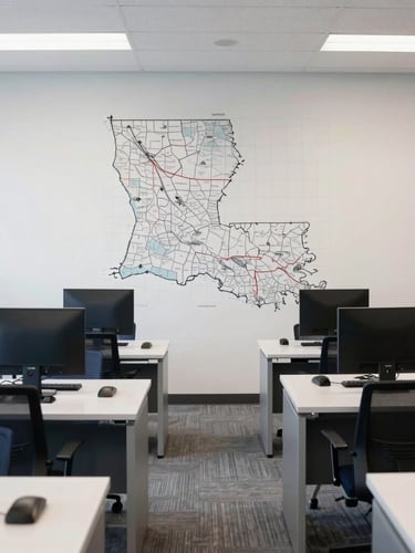 A bright, professional office space in New Orleans with structured desks and regional maps of Louisiana visible on the wall, clean corporate photography