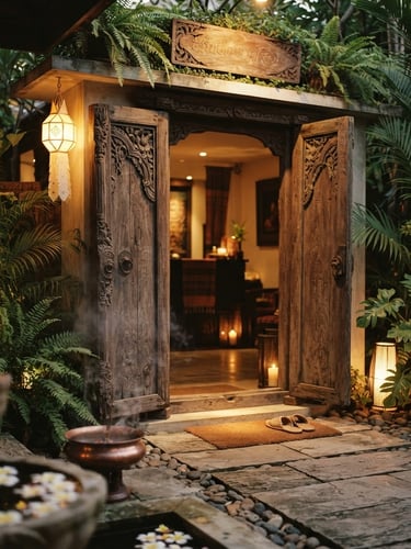 Warm editorial photography of a serene Thai spa entrance, soft low-key golden light, deep teakwood doors, a subtle scent of lemongrass hinted by a warm mist in the air, shallow depth of field, 35mm