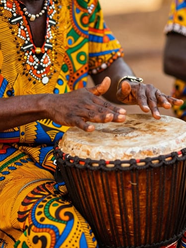 Dynamic close-up of a traditional African drummer in bright woven textiles, hands striking a djembe with intense energy, shallow depth of field, warm stage lighting.