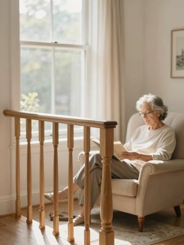 A bright, warm living room with a beautifully integrated wooden handrail, soft morning sunlight streaming through a window, an older adult reading comfortably in an armchair.