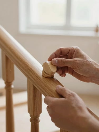 Close-up of a craftsman's hands carefully polishing a smooth, curved wooden handrail in a bright workshop, warm natural light, shallow depth of field