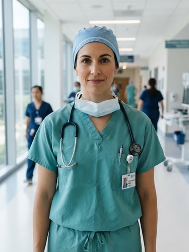 Close-up of a surgeon wearing pristine teal medical scrubs in a bright, modern clinical hallway, natural daylight, sharp focus, 35mm lens