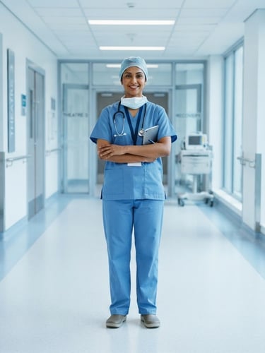 A professional doctor in sterile blue surgical scrubs standing in a bright, clean, modern clinical hallway, natural daylight, soft sterile blue tones, sharp focus.