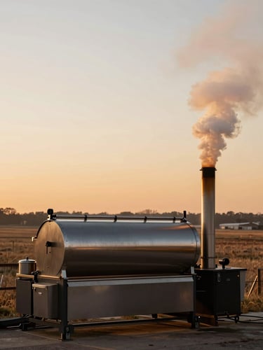 Wide panoramic view of a large offset smoker outdoors at golden hour, Kansas City plains in the background, smoke rising from the stack in soft amber light, low horizon and open sky to the left