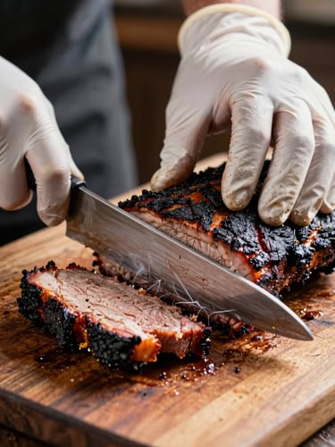 Extreme close-up of a pitmaster's gloved hands slicing through a smoked brisket flat on a worn wooden cutting board, smoke ring clearly visible at the edge of the cut, warm tungsten light from the side, char and bark texture in sharp focus