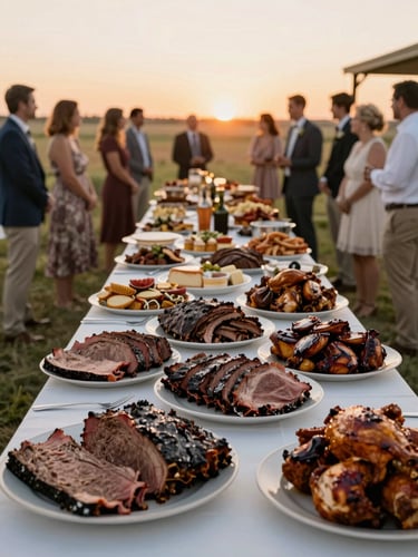 Wide outdoor wedding reception spread at golden hour, a long farm table loaded with carved brisket, ribs, and smoked chicken platters, warm amber light across the prairie grass backdrop, soft-focus guests standing beyond the food