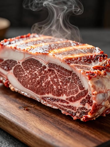Extreme close-up of a carved brisket cross-section resting on a heavy wooden board, vivid smoke ring visible at the edge, warm tungsten light raking across the crust from the left, shallow depth of field, steam rising off the surface
