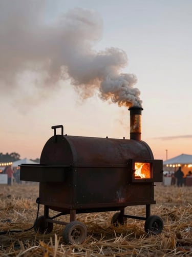 Low-angle shot of a large offset smoker on a festival field at dusk, heavy white smoke rolling off the stack, warm orange firelight visible through the firebox door, dry prairie grass in the far background catching last light